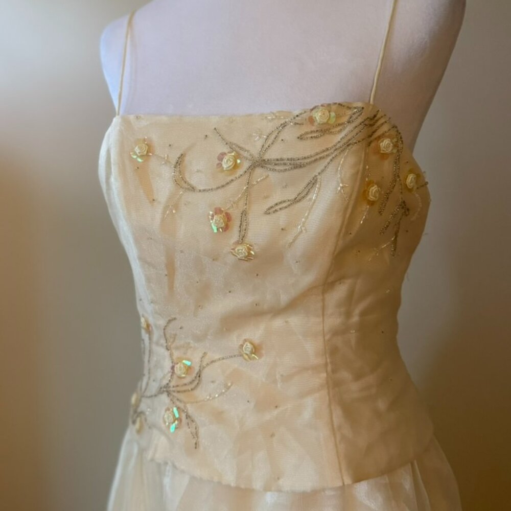 VTG Y2K Niki Livas Ivory Floral Sequin Overlay Maxi Dress 8 Cottagecore Prom - Picture 3 of 9